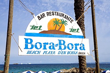 Sign of the beach disco Bora-Bora, Platja den Bossa, Ibiza, Balearic Islands, Spain, Europe