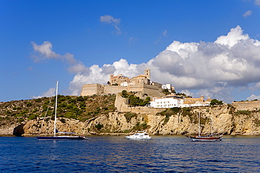 View of the coast and the historic city Dalt Vila over the ocean, Ibiza, Balearic Islands, Spain, Europe