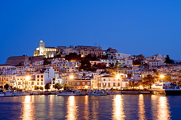 View over the harbour of the illuminated historic centre of Dalt Vila, Ibiza, Balearic Islands, Spain, Europe