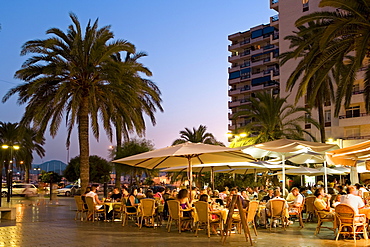 Restaurants on the sea front of Sant Antoni de Portmany, Ibiza, Balearic Islands, Spain, Europe