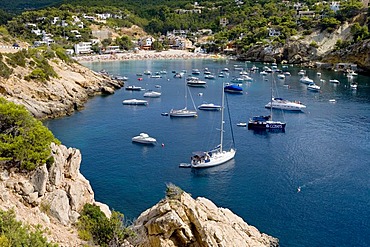 Boats in the bay of Cala Vadella, Ibiza, Balearic Islands, Spain, Europe