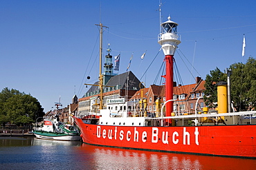 Museum ship, lightship named Deutsche Bucht, German bay, Ratsdelft harbour in front of the city hall, Emden, East Frisia, Lower Saxony, Germany, Europe