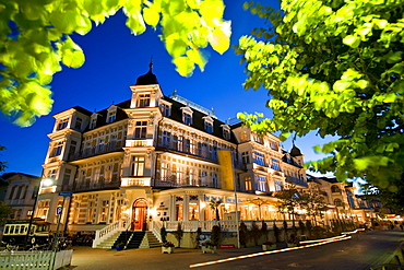 Illuminated Ahlbecker Hof hotel, Ahlbeck, Usedom, Baltic Sea, Mecklenburg-Western Pomerania, Germany, Europe