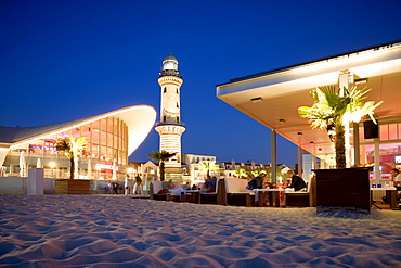 Lighthouse, Teepott, Schusters Strandbar, Warnemuende, Rostock, Baltic Sea, Mecklenburg-Western Pomerania, Germany, Europe