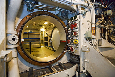 Interior view of a submarine, museum, harbour, Sassnitz, Ruegen, Baltic Sea, Mecklenburg-Western Pomerania, Germany, Europe