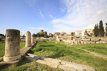 Agia Triada Church at back and view of Kerameikos Cemetery, Athens, Greece