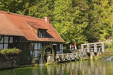 An old water mill near the Blautopf Spring, Blaubeuren, Baden-Wuerttemberg, Germany