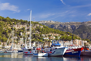 Boats in the harbour of Port de Soller, Majorca, Balearic Islands, Spain, Europe