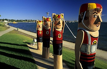 Bollards of artist Jan Mitchell at the seaside promenade, waterfront, of Geelong, Victoria, AUS