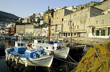 Fishing boat in the harbour, Ydra, Hydra island, saronian islands, Greece