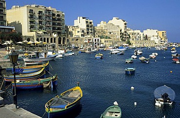 Fishing boats in the harbour of St. Julian, Valetta, La Valetta, Malta