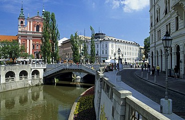 Preseren square and old houses along the Ljubljanica, Ljubljana, Slovenia