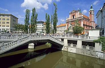 Preseren square and old houses along the Ljubljanica, Ljubljana, Slovenia