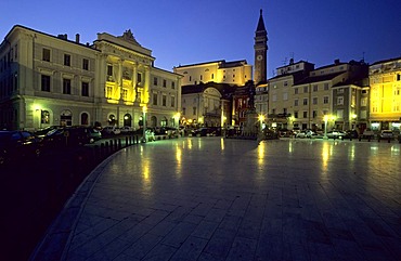 Tartini square in Piran at night, Primorska region, Slovenia