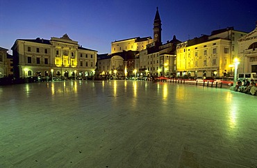 Tartini square in Piran at night, Primorska region, Slovenia