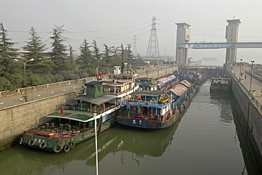 Cargoships on the Jangzi River in the Gezhouba locks near Yichang, China