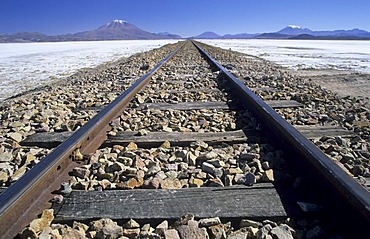 Railroad tracks across Salar de Chiguana, Bolivia