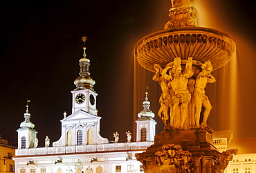 Fountain, historic old town of Ceske Budejovice, Budweis, Budvar, south Bohemia, Czech Republic