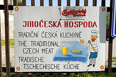 Handmade advertisement sign for a bohemian restaurant, Bohemia, Czech Republic