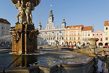 Samson fountain, historic old town of Ceske Budejovice, Budweis, Budvar, south Bohemia, Czech Republic