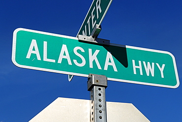 Street sign of the Alaska Highway, Tok, Alaska, USA