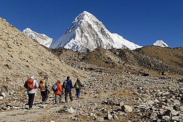 Trekking group on Khumbu glacier with Pumori (7161), Khumbu Himal, Sagarmatha National Park, Nepal