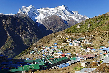 View over Namche Bazar towards Kongde Ri group (6187), Sagarmatha National Park, Khumbu, Nepal