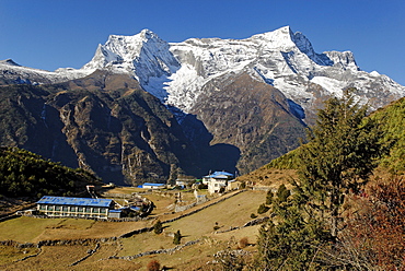 View over Namche Bazar towards Kongde Ri group (6187), Sagarmatha National Park, Khumbu, Nepal