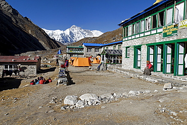 Trekking lodge at Gokyo with Cho Oyu (8201), Sagarmatha National Park, Khumbu Himal, Nepal