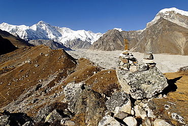 View from Gokyo over Ngozumpa glacier towards Cho Oyu (8201) and Mahalangur Himal, Sagarmatha National Park, Khumbu Himal, Nepal