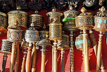 Prayer mill, tourist market at Bodhnath, Boudha, Kathmandu, Nepal