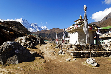 Stupa and Trekking Lodge at Khumjung Sherpa village, Sagarmatha National Park, Khumbu, Nepal