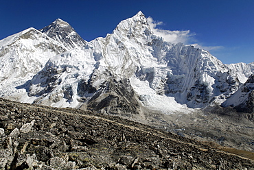 Famous view from Kala Patthar, Patar (5545) towards Mount Everest (8850), Nuptse (7861) and Khumbu Glacier, Sagarmatha National Park, Khumbu Himal, Nepal