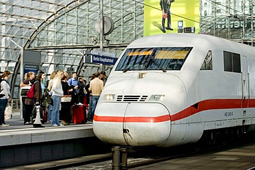 Travellers on the platform at the central station, Berlin, Germany