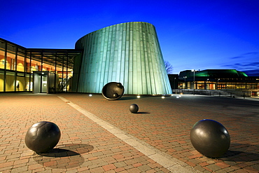 The new music school at dusk, Fellbach, Stuttgart, Baden-Wuerttemberg, Germany