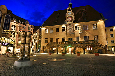 Market square and town hall at night, historic centre of Heilbronn, Baden-Wuerttemberg, Germany, Europe