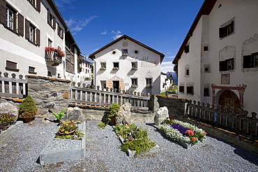 Historic houses and cemetery, Guarda, Lower Engadine, Grisons, Switzerland, Europe