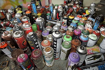 Many spray tins. Dresden, Saxony, Germany