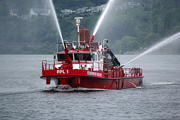 Fire boat "RLP-1" during a rescue exercise on the Mosel River near Koblenz, Rhineland-Palatinate, Germany, Europe