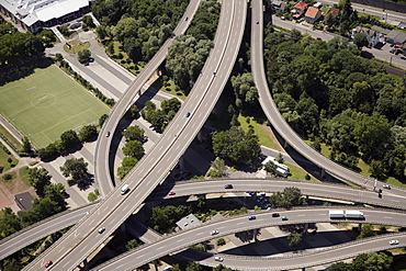 Labyrinthine spaghetti junction at the entrance to the Suedbruecke Bridge at Koblenz, Rhineland-Palatinate, Germany, Europe