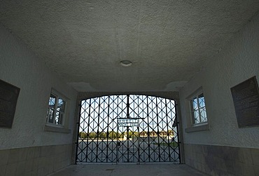 Main entrace with the inscription work frees you in the concentration camp in Dachau