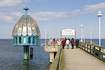 Diving cabin on Vinetabruecke Pier, Zinnowitz, Baltic seaside resort on Usedom Island, Mecklenburg-Western Pomerania, Germany, Europe