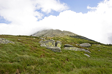 View to the overcast Snezka, 1602 m, Giant Mountains, Czechia