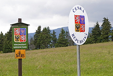 Signs at the national border between Poland and Czechia, Giant Mountains, Czechia