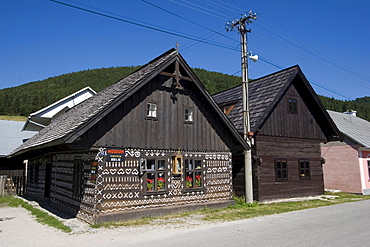 Rajec valley, town of Cicmany with timber buildings, the paint was supposed to help against wetness and seasoning, Slovakia