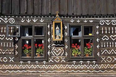 Rajec valley, town of Cicmany with timber buildings, the paint was supposed to help against wetness and seasoning, Slovakia