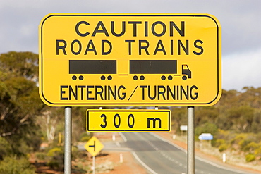 Warning sign (Caution Road Trains), Western Australia, WA, Australia