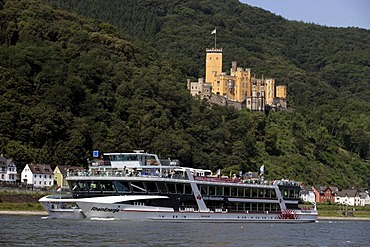 The Excursion boat "Rheinenergie" in front of the Castle Stolzenfels near Koblenz, Rhineland-Palatinate, germany