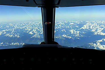 View from the cockpit of an Airbus 321, in flight over the Alps