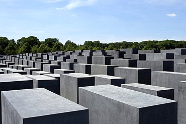 View over undulating field of the concrete steles of the Holocaust memorial in Berlin, Germany